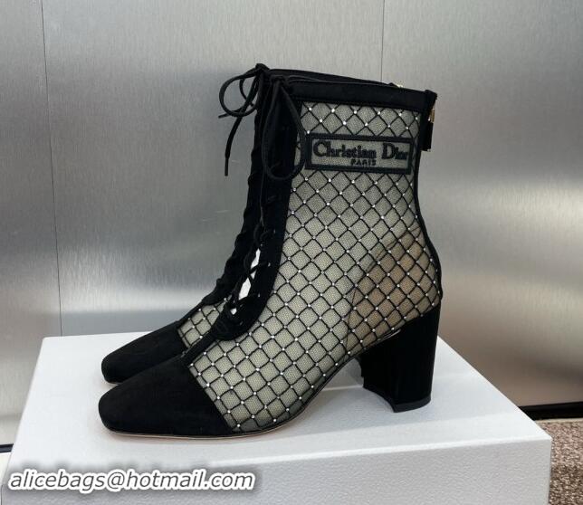 Unique Style Dior Naughtily-D Heeled Ankle Boots 6.5cm in Transparent Mesh Embroidered with Strass and Black Suede 11220