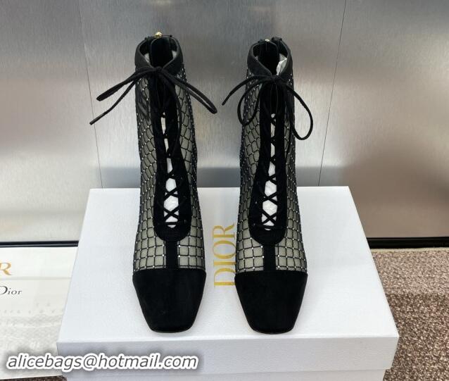 Unique Style Dior Naughtily-D Heeled Ankle Boots 6.5cm in Transparent Mesh Embroidered with Strass and Black Suede 11220