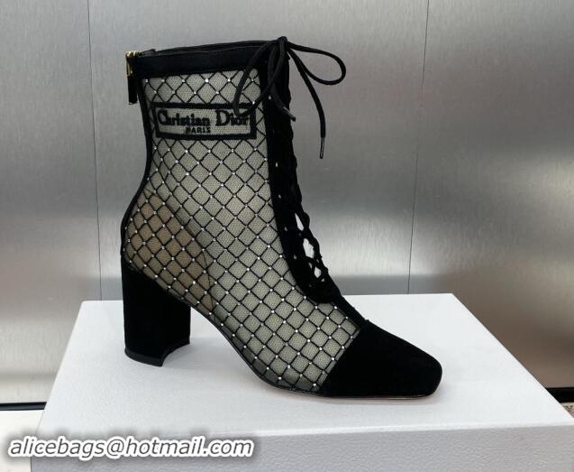 Unique Style Dior Naughtily-D Heeled Ankle Boots 6.5cm in Transparent Mesh Embroidered with Strass and Black Suede 11220