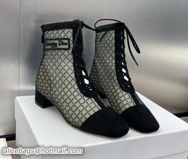 Unique Style Dior Naughtily-D Heeled Ankle Boots 6.5cm in Transparent Mesh Embroidered with Strass and Black Suede 11220