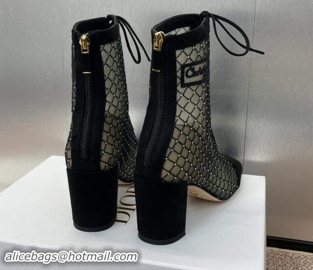 Unique Style Dior Naughtily-D Heeled Ankle Boots 6.5cm in Transparent Mesh Embroidered with Strass and Black Suede 11220