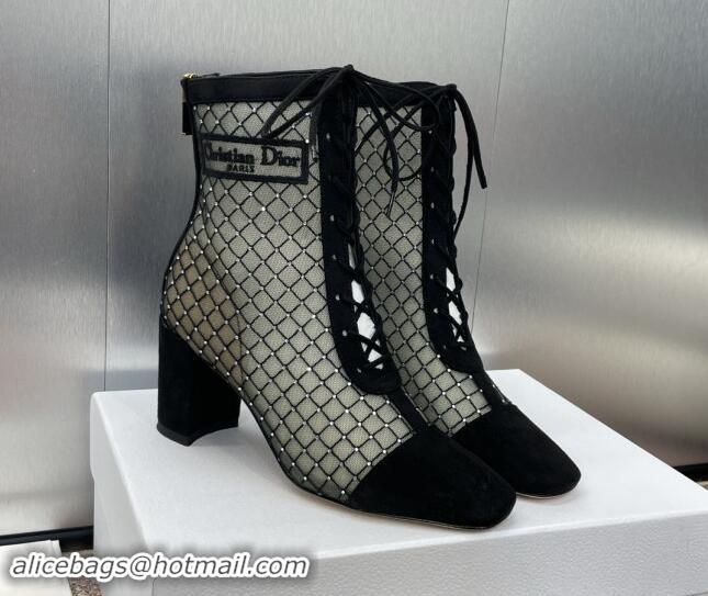 Unique Style Dior Naughtily-D Heeled Ankle Boots 6.5cm in Transparent Mesh Embroidered with Strass and Black Suede 11220