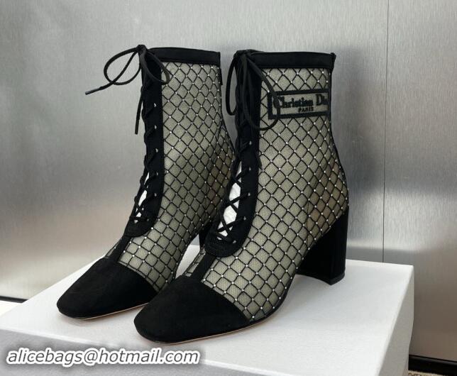 Unique Style Dior Naughtily-D Heeled Ankle Boots 6.5cm in Transparent Mesh Embroidered with Strass and Black Suede 11220