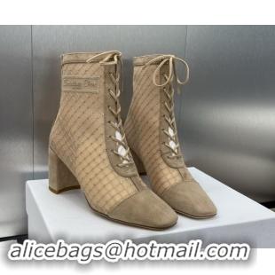 Good Looking Dior Naughtily-D Heeled Ankle Boots 6.5cm in Transparent Mesh Embroidered with Strass and Beige Suede 11220