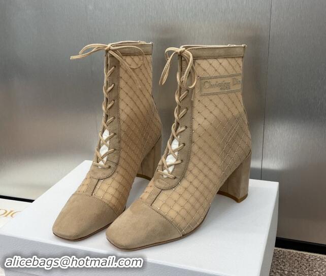 Good Looking Dior Naughtily-D Heeled Ankle Boots 6.5cm in Transparent Mesh Embroidered with Strass and Beige Suede 11220