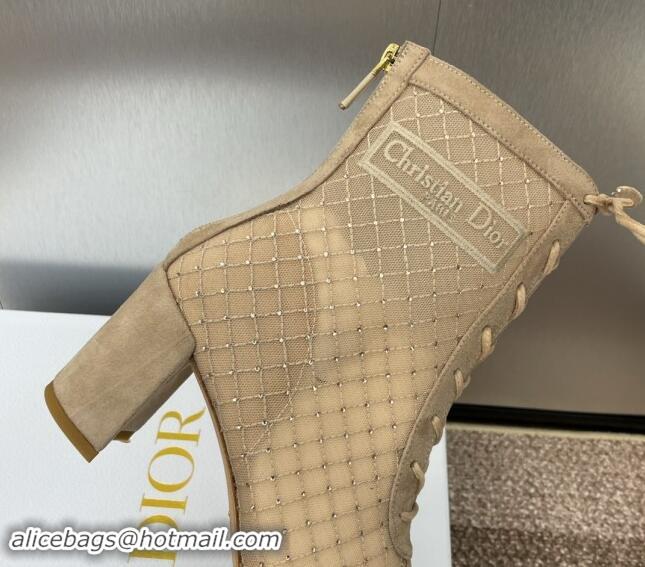 Good Looking Dior Naughtily-D Heeled Ankle Boots 6.5cm in Transparent Mesh Embroidered with Strass and Beige Suede 11220