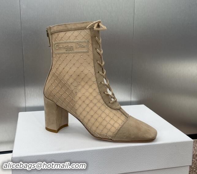 Good Looking Dior Naughtily-D Heeled Ankle Boots 6.5cm in Transparent Mesh Embroidered with Strass and Beige Suede 11220