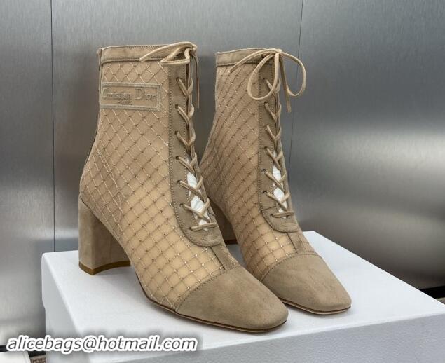 Good Looking Dior Naughtily-D Heeled Ankle Boots 6.5cm in Transparent Mesh Embroidered with Strass and Beige Suede 11220