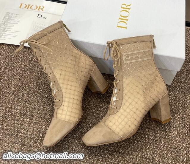 Good Looking Dior Naughtily-D Heeled Ankle Boots 6.5cm in Transparent Mesh Embroidered with Strass and Beige Suede 11220