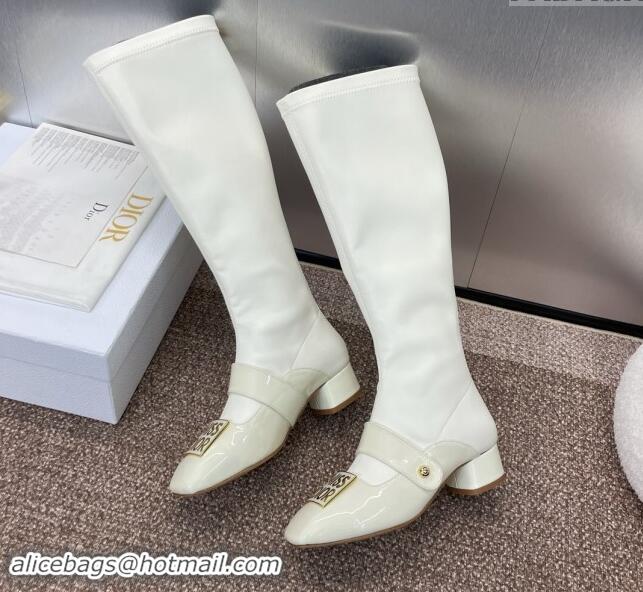 Stylish Dior Miss Dior Belle-D High Boots 3.5cm Patent and Stretch Calfskin White 1122045