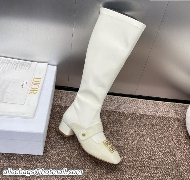 Stylish Dior Miss Dior Belle-D High Boots 3.5cm Patent and Stretch Calfskin White 1122045