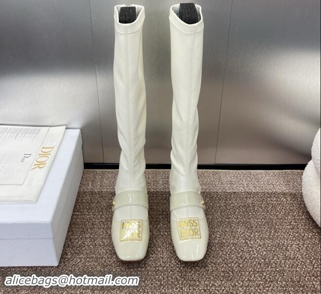 Stylish Dior Miss Dior Belle-D High Boots 3.5cm Patent and Stretch Calfskin White 1122045