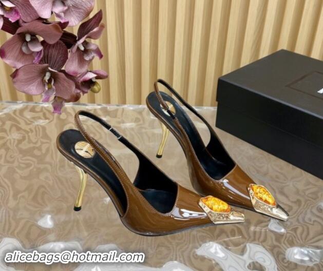 Grade Quality Saint Laurent Slingback Pumps in Patent Leather Brown 110606