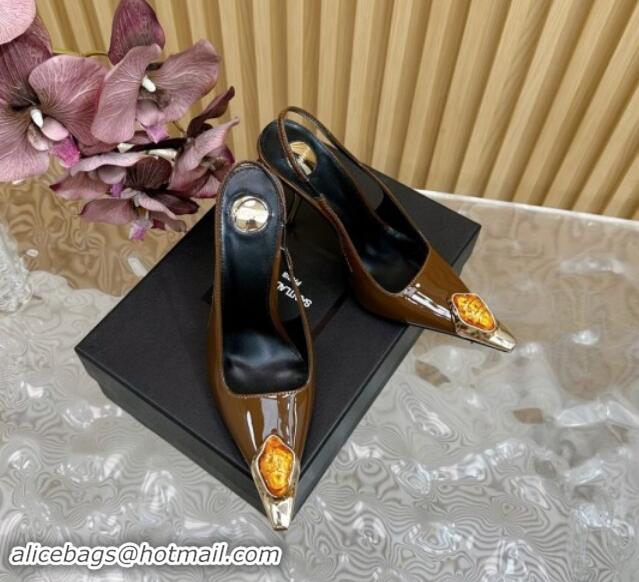 Grade Quality Saint Laurent Slingback Pumps in Patent Leather Brown 110606