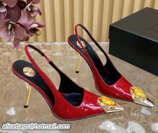 Best Grade Saint Laurent Slingback Pumps in Patent Leather Red 110609