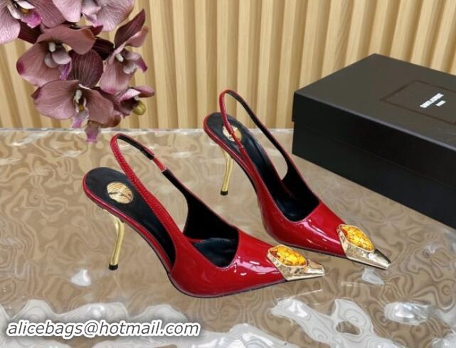 Best Grade Saint Laurent Slingback Pumps in Patent Leather Red 110609