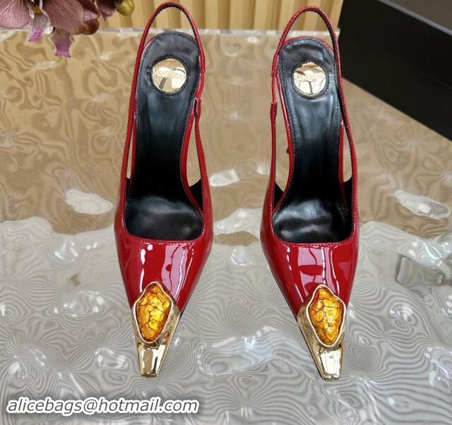 Best Grade Saint Laurent Slingback Pumps in Patent Leather Red 110609