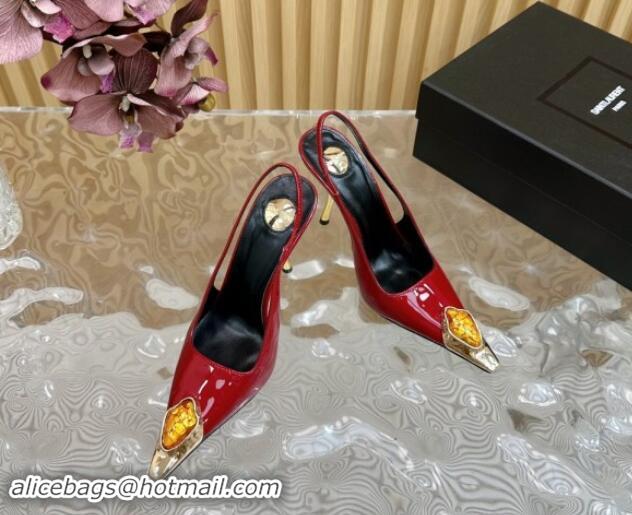 Best Grade Saint Laurent Slingback Pumps in Patent Leather Red 110609