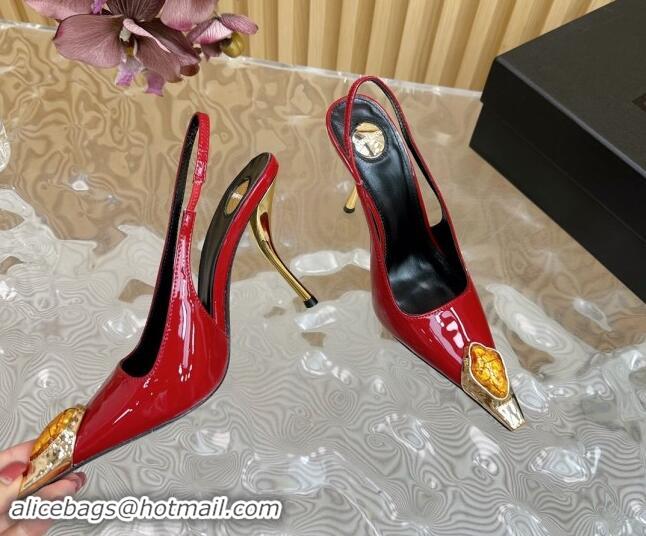 Best Grade Saint Laurent Slingback Pumps in Patent Leather Red 110609