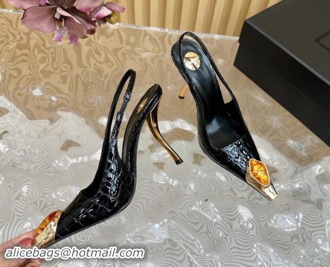 Buy Discount Saint Laurent Slingback Pumps in Crocodile Pattern Patent Leather Black 110610