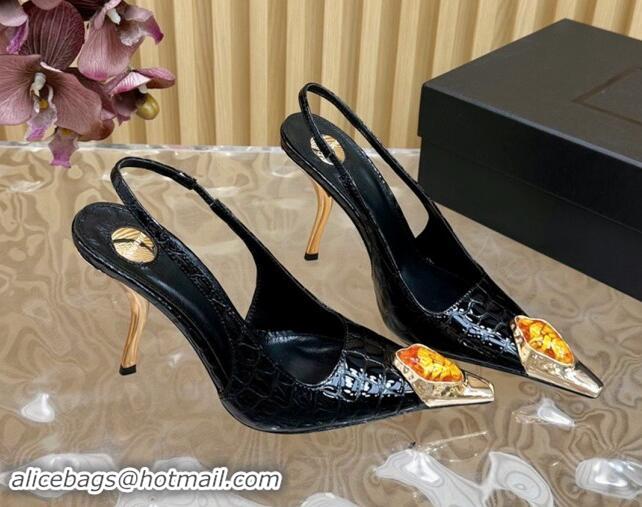 Buy Discount Saint Laurent Slingback Pumps in Crocodile Pattern Patent Leather Black 110610