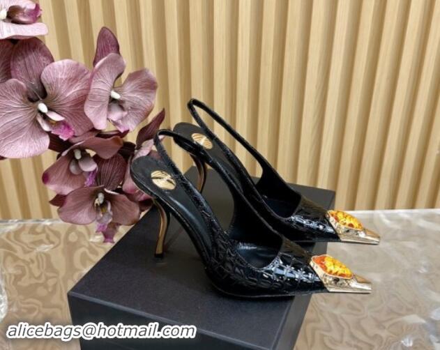 Buy Discount Saint Laurent Slingback Pumps in Crocodile Pattern Patent Leather Black 110610