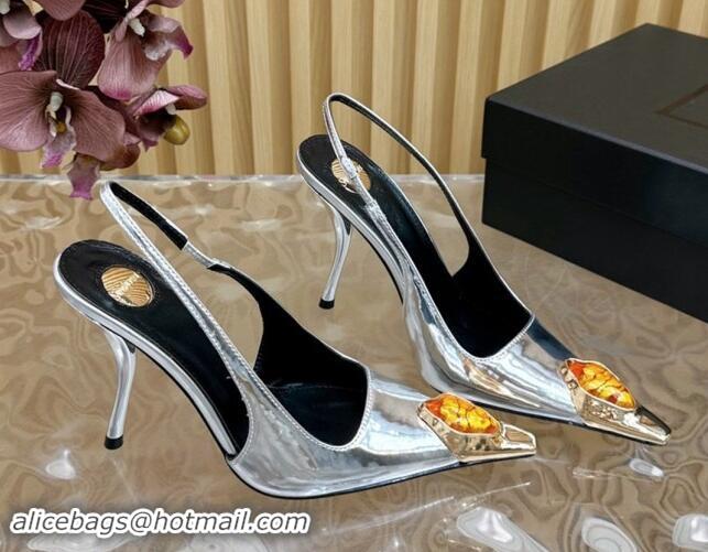 Unique Style Saint Laurent Slingback Pumps in Patent Leather Silver 110612