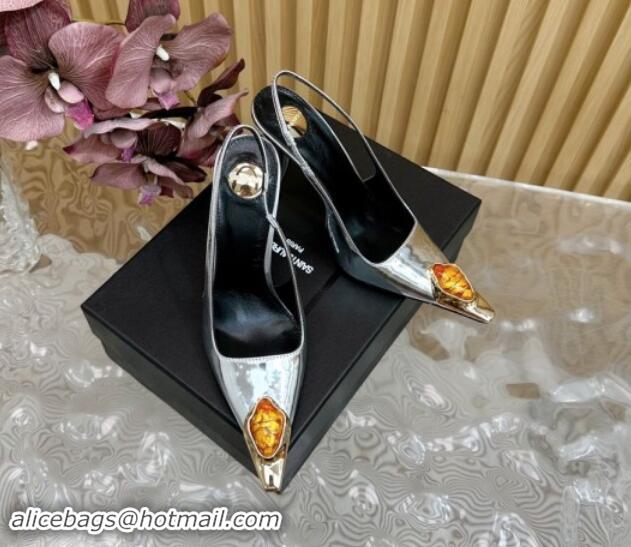 Unique Style Saint Laurent Slingback Pumps in Patent Leather Silver 110612