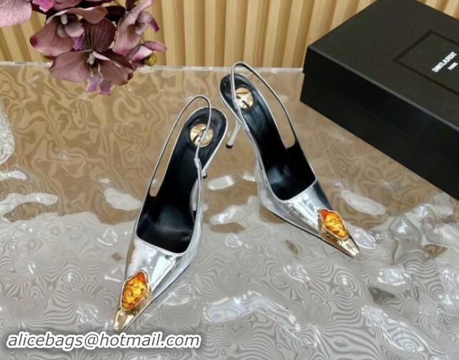 Unique Style Saint Laurent Slingback Pumps in Patent Leather Silver 110612