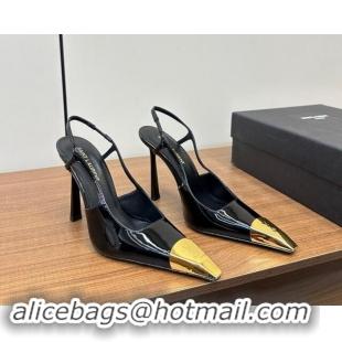 Pretty Style Saint Laurent Jeanne Slingback Pumps 9cm in Patent Leather Black/Gold 1116001