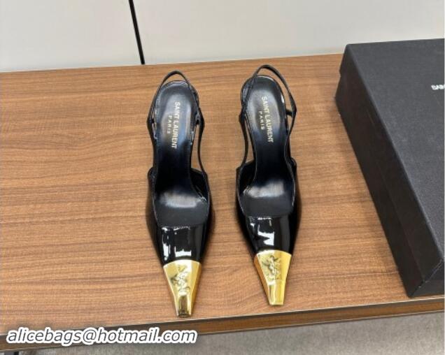 Pretty Style Saint Laurent Jeanne Slingback Pumps 9cm in Patent Leather Black/Gold 1116001