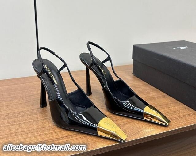 Pretty Style Saint Laurent Jeanne Slingback Pumps 9cm in Patent Leather Black/Gold 1116001