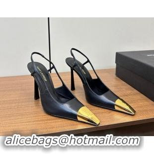 Good Quality Saint Laurent Jeanne Slingback Pumps 9cm in Calfskin Leather Black/Gold 1116002