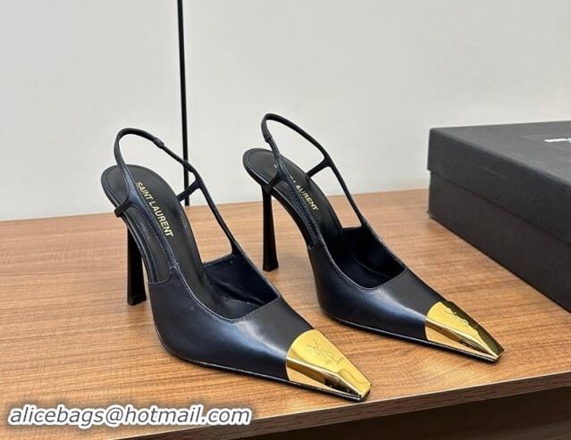 Good Quality Saint Laurent Jeanne Slingback Pumps 9cm in Calfskin Leather Black/Gold 1116002