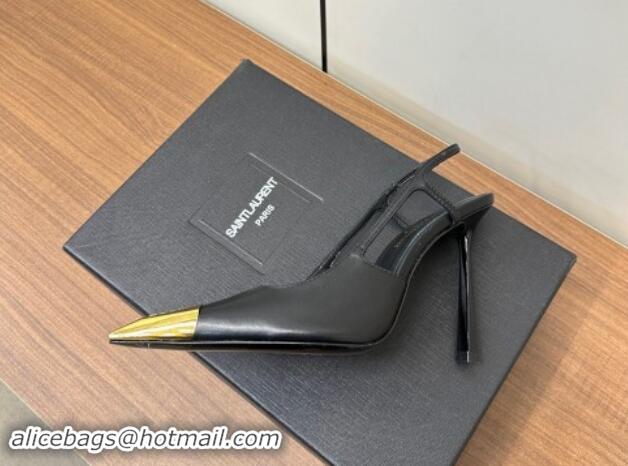 Good Quality Saint Laurent Jeanne Slingback Pumps 9cm in Calfskin Leather Black/Gold 1116002