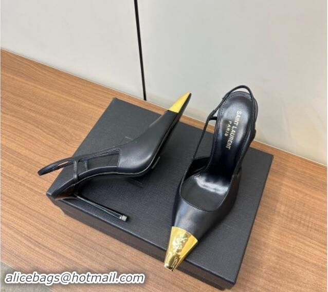 Good Quality Saint Laurent Jeanne Slingback Pumps 9cm in Calfskin Leather Black/Gold 1116002