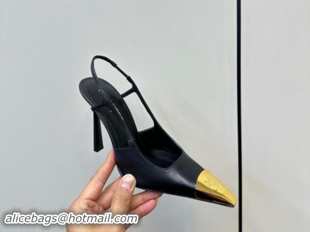 Good Quality Saint Laurent Jeanne Slingback Pumps 9cm in Calfskin Leather Black/Gold 1116002