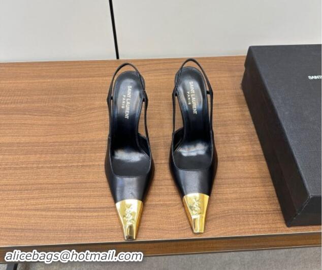 Good Quality Saint Laurent Jeanne Slingback Pumps 9cm in Calfskin Leather Black/Gold 1116002