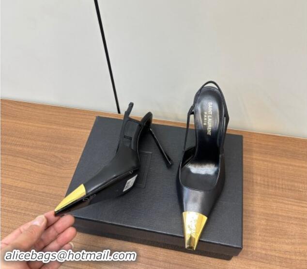 Good Quality Saint Laurent Jeanne Slingback Pumps 9cm in Calfskin Leather Black/Gold 1116002