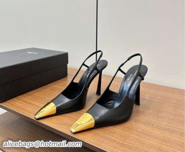 Good Quality Saint Laurent Jeanne Slingback Pumps 9cm in Calfskin Leather Black/Gold 1116002