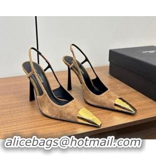 Top Grade Saint Laurent Jeanne Slingback Pumps 9cm in Beige Suede 1116003