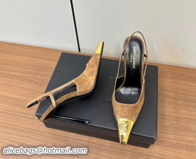 Top Grade Saint Laurent Jeanne Slingback Pumps 9cm in Beige Suede 1116003