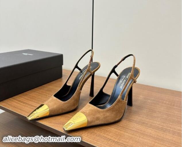 Top Grade Saint Laurent Jeanne Slingback Pumps 9cm in Beige Suede 1116003