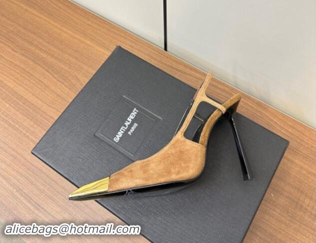 Top Grade Saint Laurent Jeanne Slingback Pumps 9cm in Beige Suede 1116003