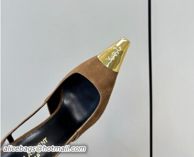 Top Grade Saint Laurent Jeanne Slingback Pumps 9cm in Beige Suede 1116003