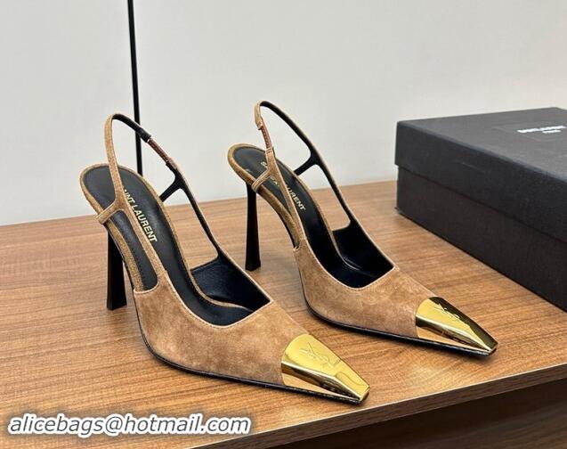 Top Grade Saint Laurent Jeanne Slingback Pumps 9cm in Beige Suede 1116003