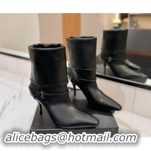 Buy Luxury Saint Laurent Niki Heel Ankle Boots 10.5cm with YSL Strap in Calfskin Black 1116004