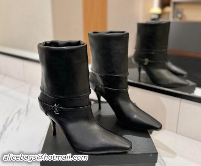 Buy Luxury Saint Laurent Niki Heel Ankle Boots 10.5cm with YSL Strap in Calfskin Black 1116004