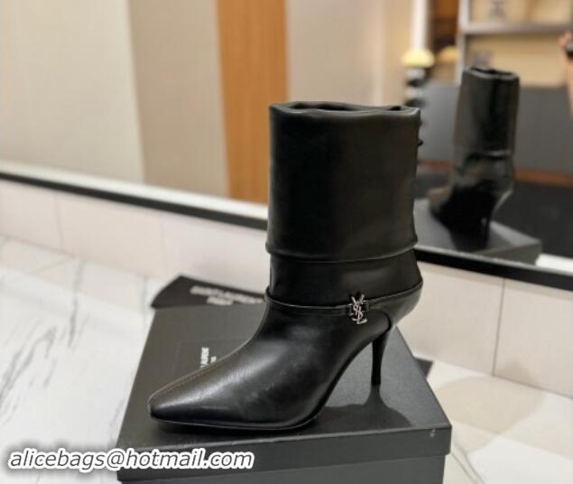 Buy Luxury Saint Laurent Niki Heel Ankle Boots 10.5cm with YSL Strap in Calfskin Black 1116004