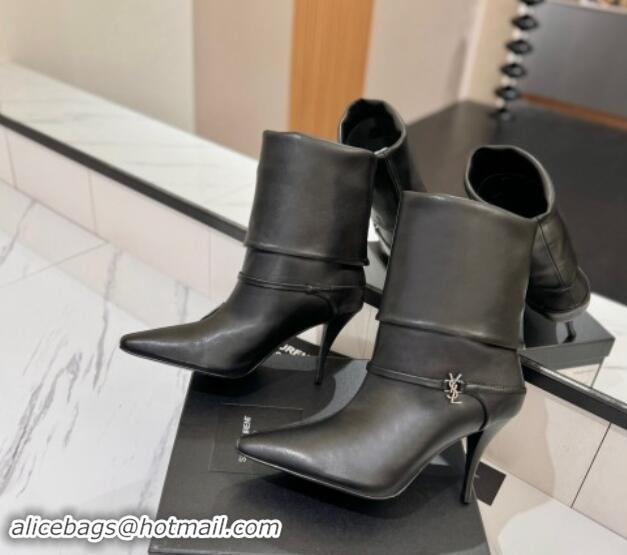 Buy Luxury Saint Laurent Niki Heel Ankle Boots 10.5cm with YSL Strap in Calfskin Black 1116004